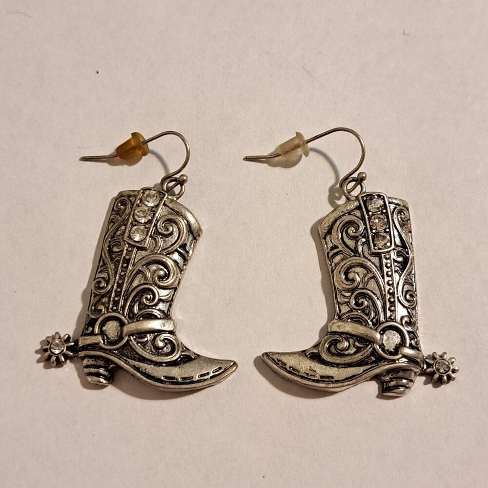 Silver Boot Dangle Earrings With Clear CZ Gemstones For Pierced Ears